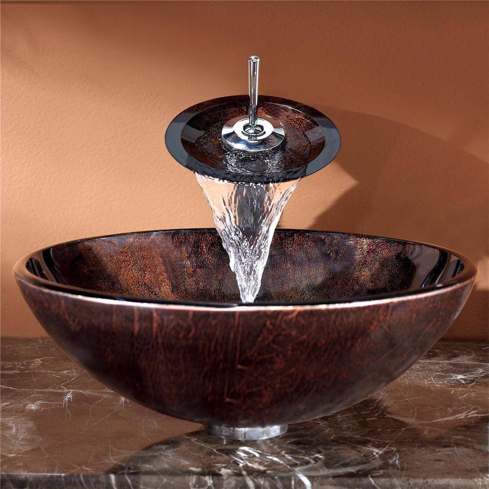 KRAUS Pluto Glass Vessel Sink in Brown with Waterfall Faucet in Chrome C-GV-684-12mm-10CH