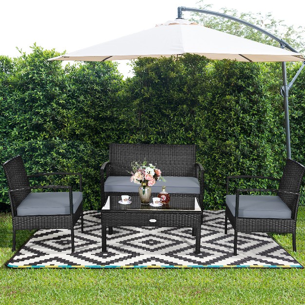 Tangkula 4pcs Rattan Wicker Outdoor Patio Conversation Set Cushioned Sofa Coffee Table