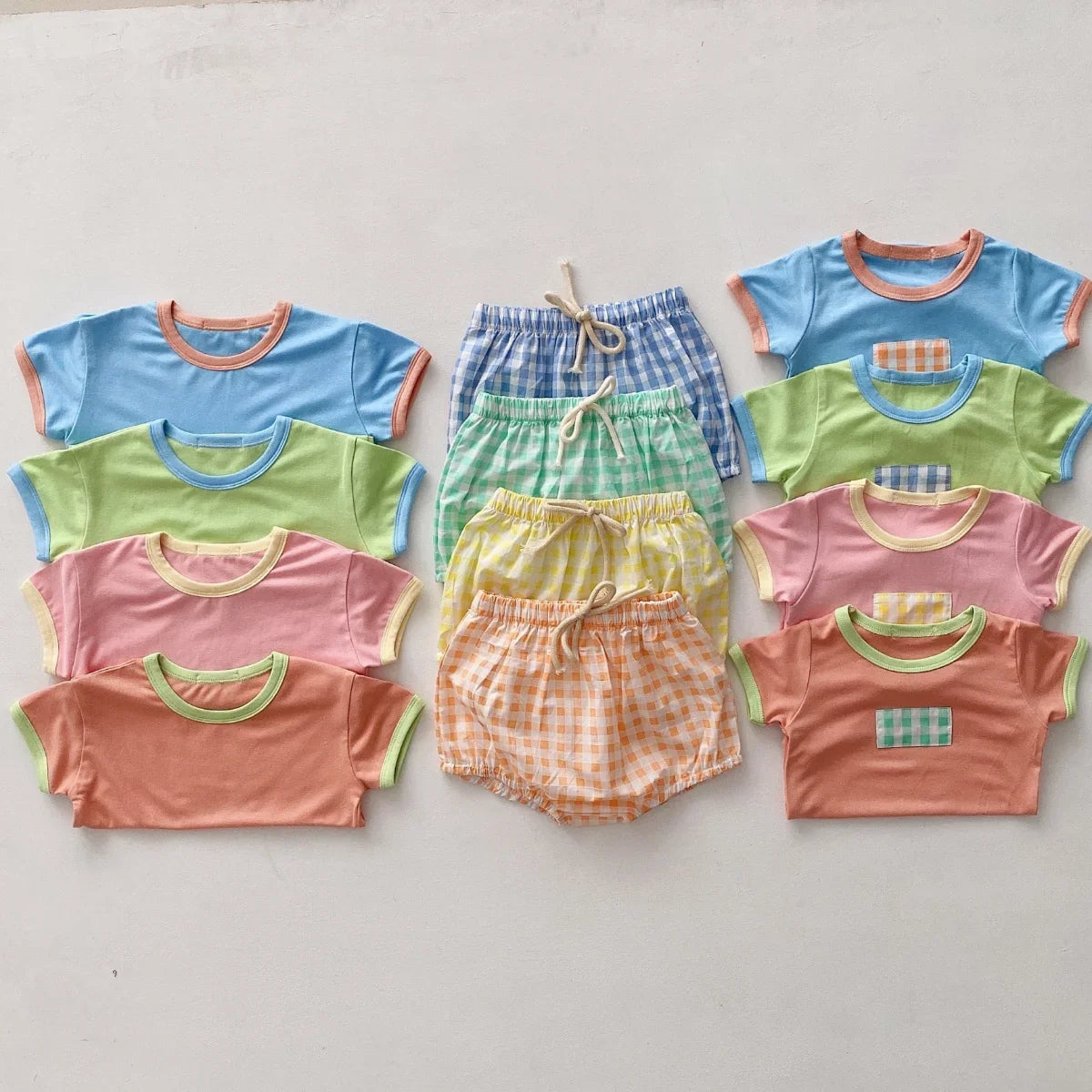 Infant Newborn Girls Boys Summer Short Sleeve Patch Top Tees Plaid Bottoms Kids Baby Clothing Cotton Sets 2pcs 0-24M