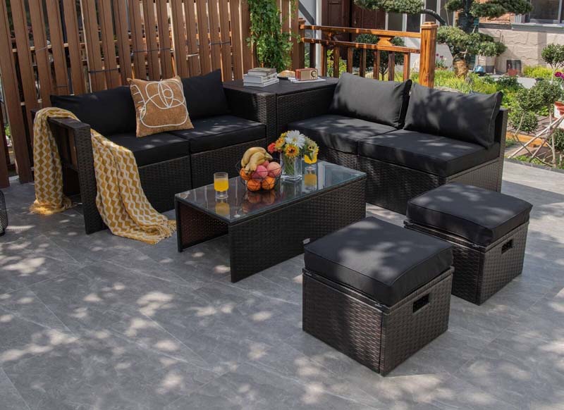 8 Pcs Rattan Patio Sectional Sofa Set with Storage Box & Waterproof Cover