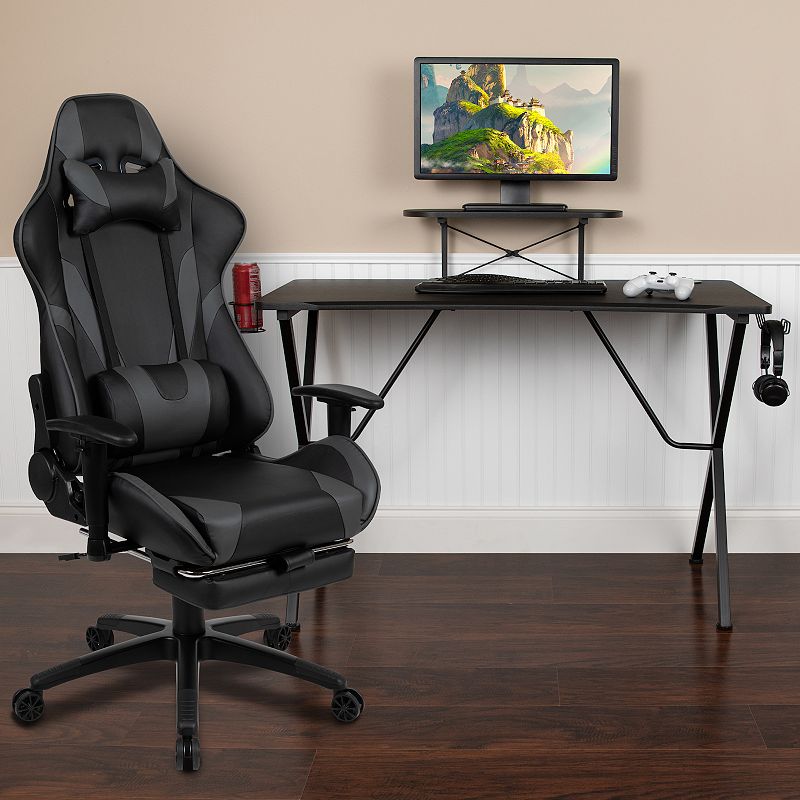 Emma and Oliver Gaming Desk and Chair Set - Cup Holder， Headphone Hook， and Monitor Stand