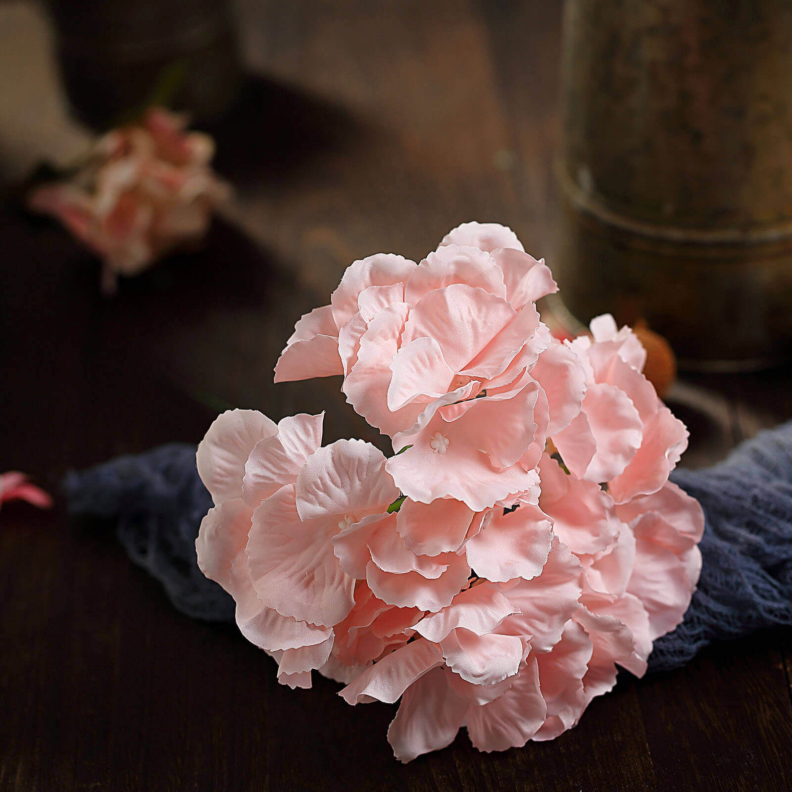 10 Flower Head and Stems Blush Artificial Satin Hydrangeas, DIY Arrangement