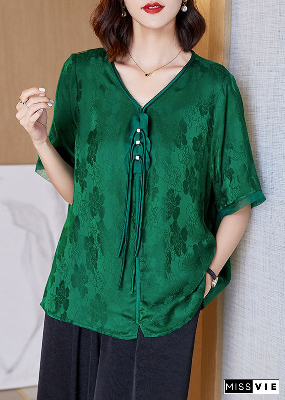 Unique Green V Neck Tassel Patchwork Jacquard Silk Shirt Short Sleeve