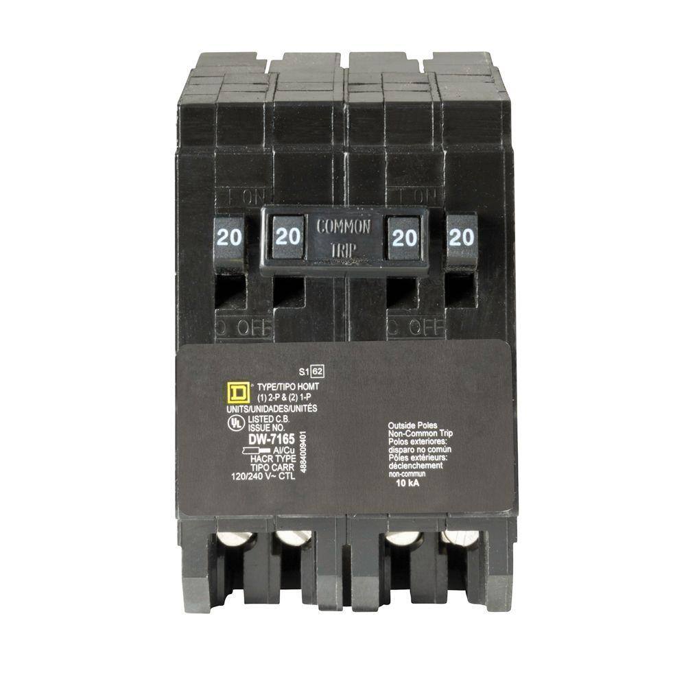 Square D Homeline 2-20 Amp Single-Pole 1-20 Amp 2-Pole Quad Tandem Circuit Breaker HOMT2020220CP