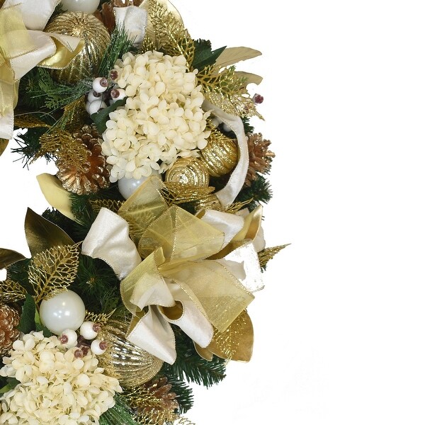 32 Holiday Wreath with Hydrangeas，Pinecones and Velvet Bows