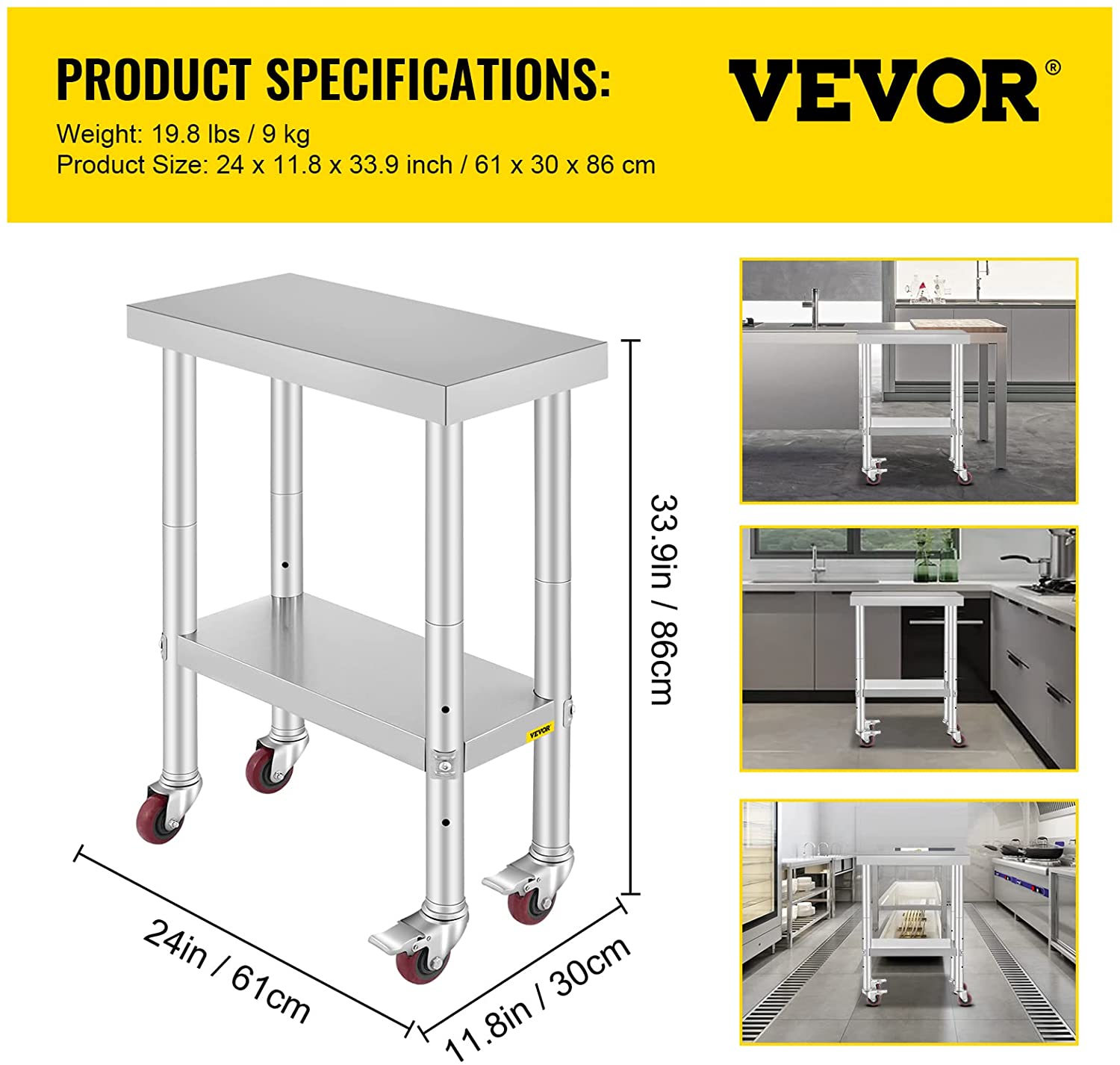 VEVORbrand Stainless-Steel Work Table 24 x 12 Inches with 4 Wheels for Commercial Kitchen Restaurant