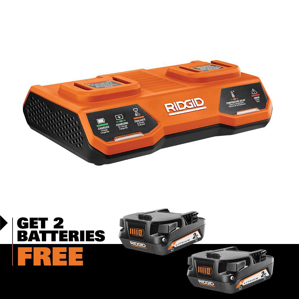 RIDGID 18V Dual Port Simultaneous Charger with 18V 2.0 Ah Compact Lithium-Ion Battery (2-Pack) AC86095-AC8400802P