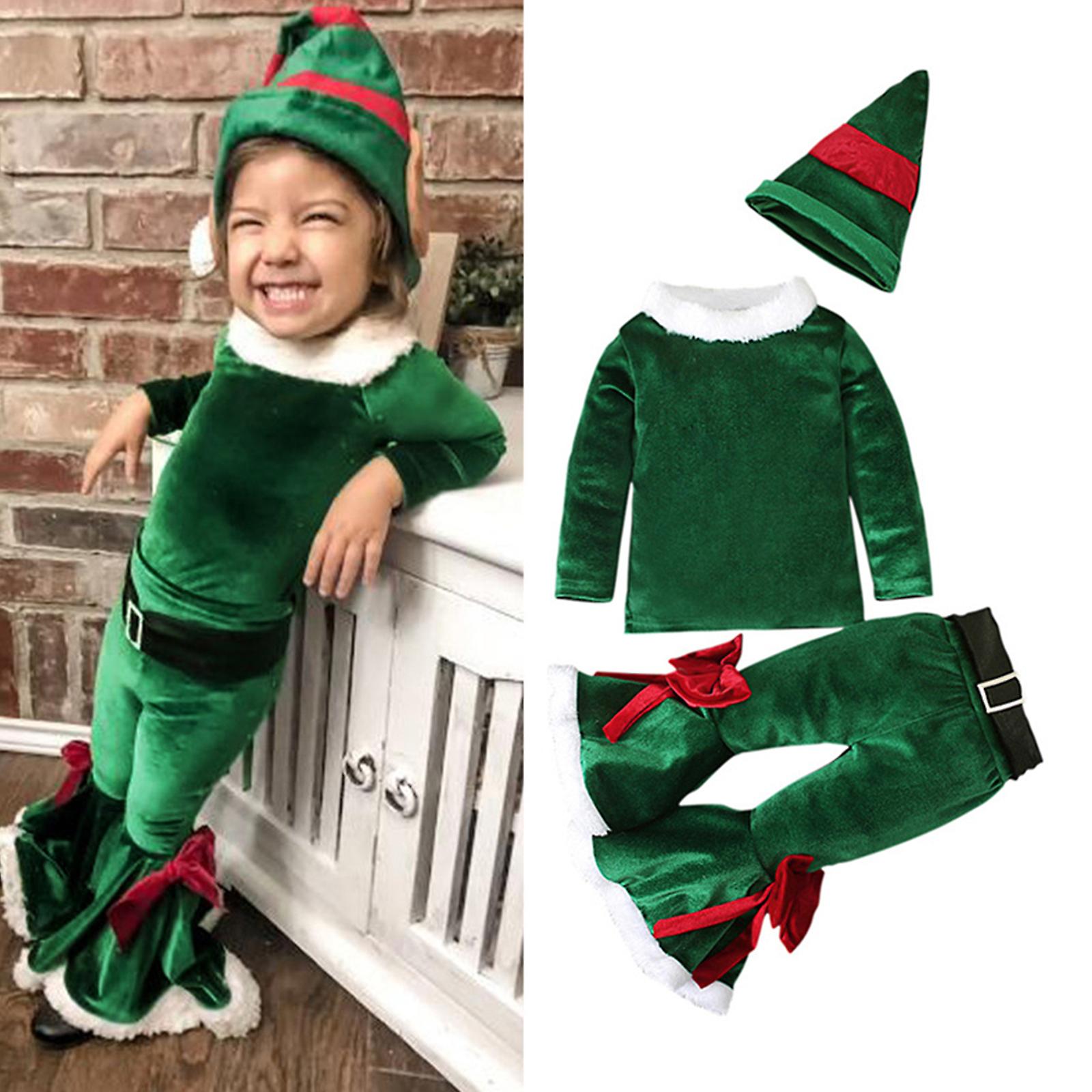 Christmas Clothes Set For Lovely Girls Long Sleeve Top Bell Bottom Coral Velvet Santa Costume For 1-7 Years Baby Girls， Green 90yd Green 100yd