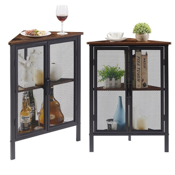 Set of 2 Industrial Triangle Corner Table with Dual Door and 3-tier Shelf Storage Cabinet