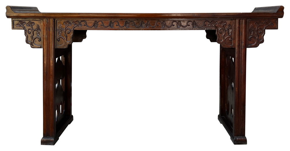 Chinese Brown Elm Wood Point Edge Relief Carving Altar Table Hcs7655   Asian   Console Tables   by Golden Lotus Antiques  Houzz