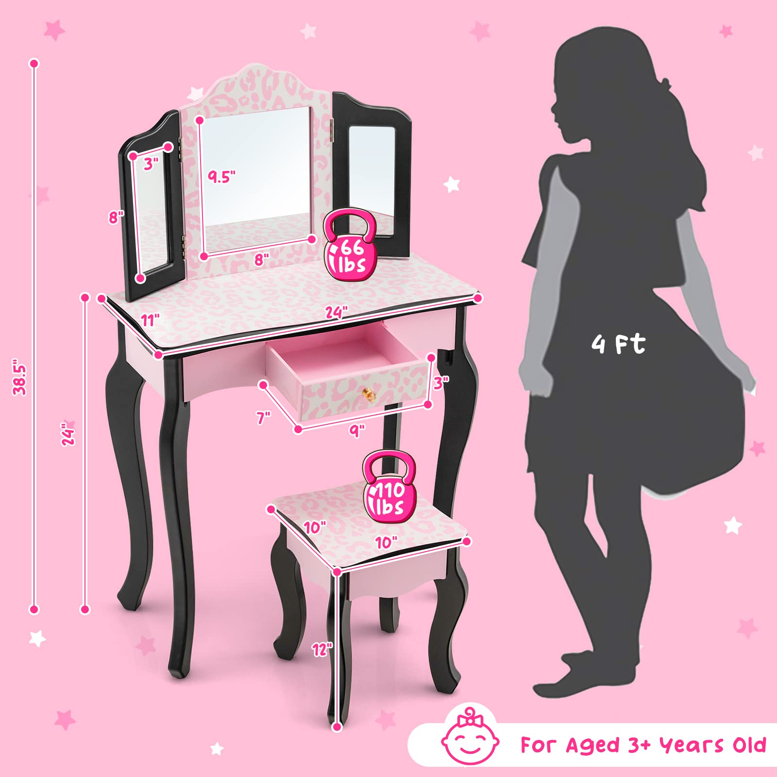 Costzon Kids Vanity Table and Chair Set, Girls Vanity Set with Mirror and Stool, Pretend Play Vanity Set for Little Girls