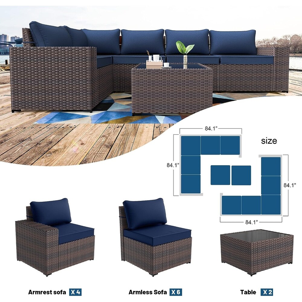 Kullavik 12 Pieces Outdoor Patio Furniture Set Sectional Rattan Sofa Set with Tempered Glass Table