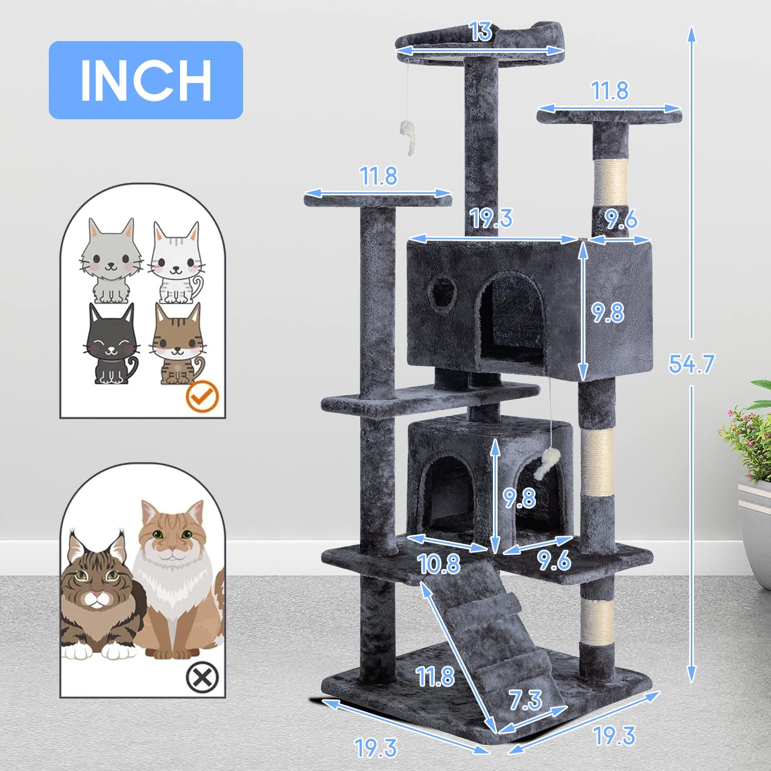 BestPet 54in Multi-Level Cat Tree Tower with Cat Scratching Post Stand House Furniture Kitty Activity Tree，Gray