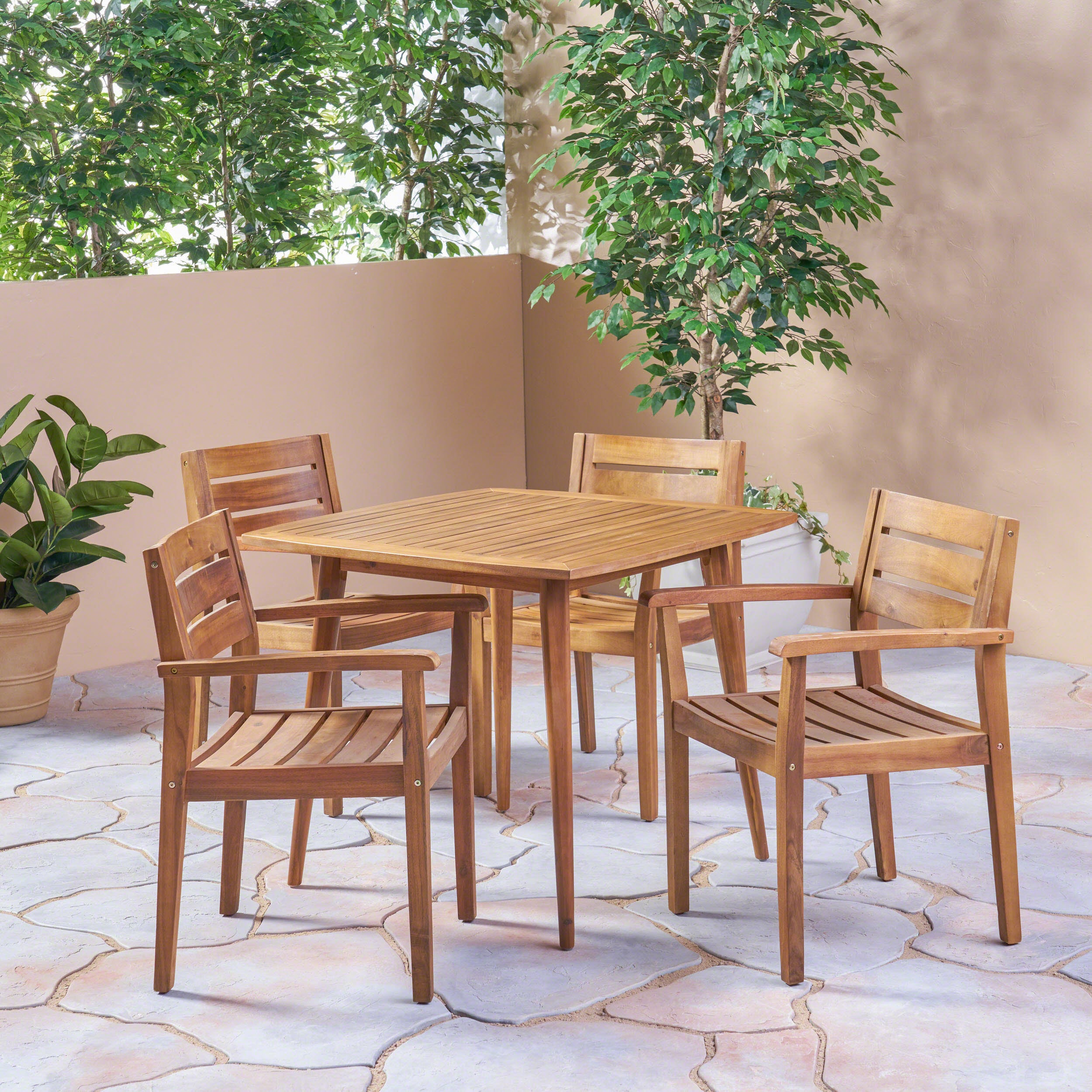 Solomon Outdoor 5 Piece Acacia Wood Dining Set, Teak