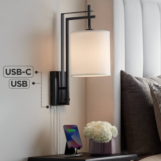 Fixture With A c Usb Charging Ports Linen Shade For Bedroom Reading