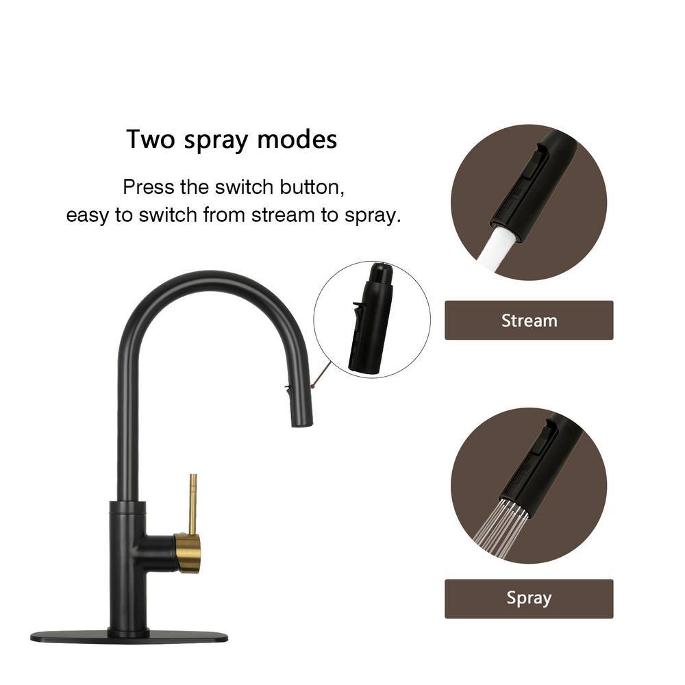 Akicon Single-Handle Pull Down Sprayer Kitchen Faucet with Deckplate in Black and Gold AK96416-BLBG