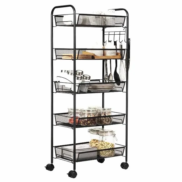 5 Tier Mesh Rolling Utility Cart Storage Basket Home Kitchen W wheels