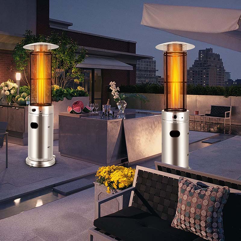 34,000BTU Standing Propane Patio Heater with Wheels, Stainless Steel Round Glass Tube Gas Outdoor Heater