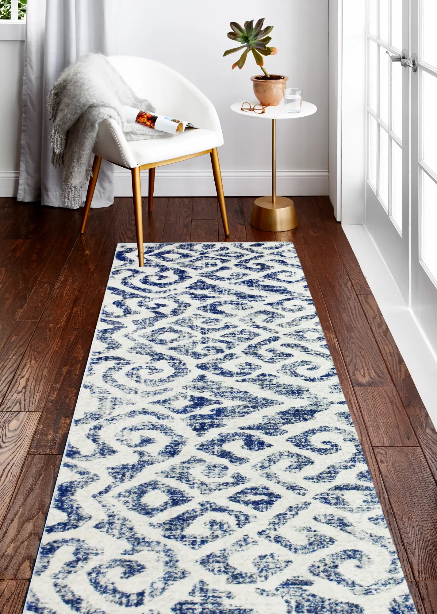 Everek Nahum Blue and Gray 8 Foot Runner Rug