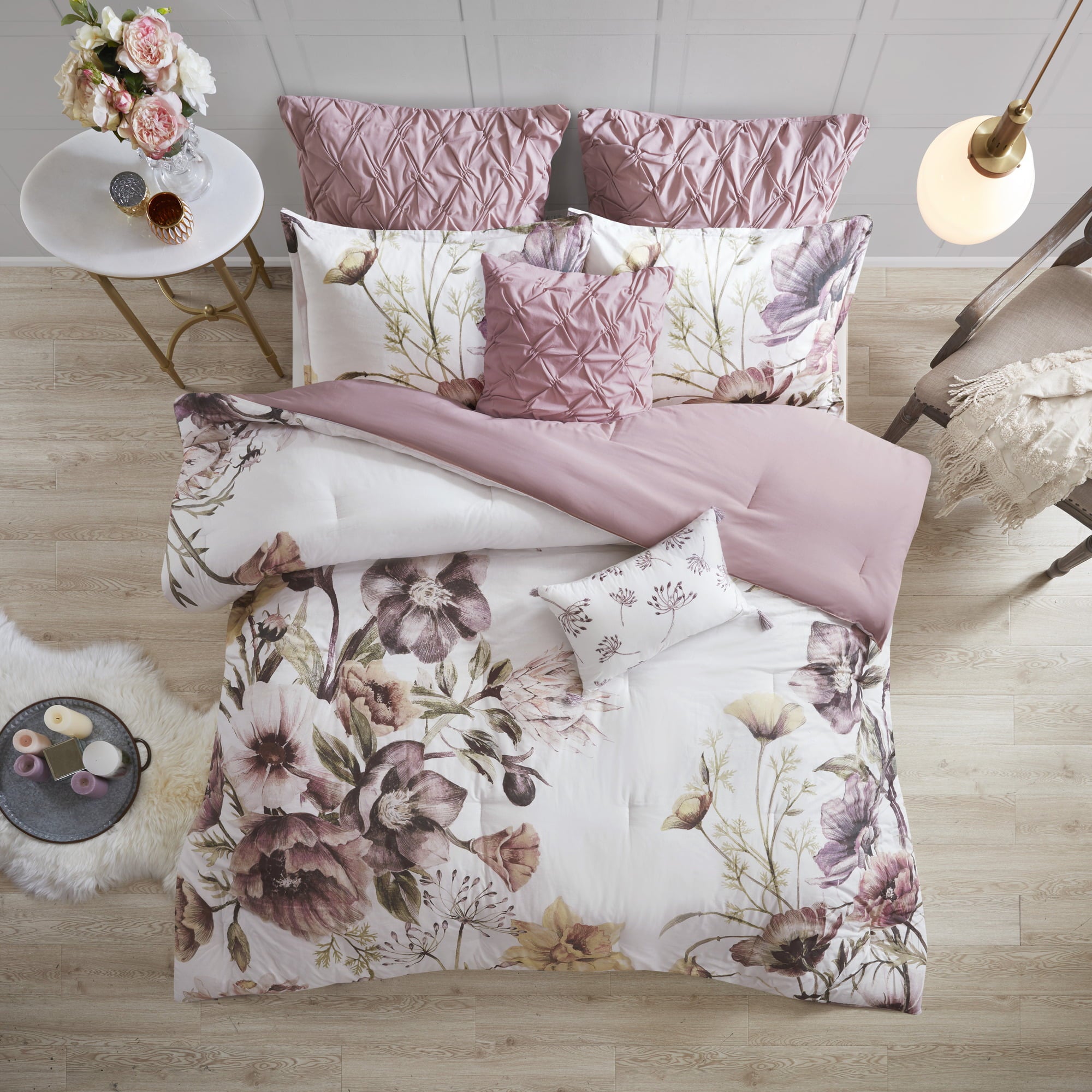 Home Essence Maddy 8 Piece Blush Cotton Floral Comforter Set， Queen