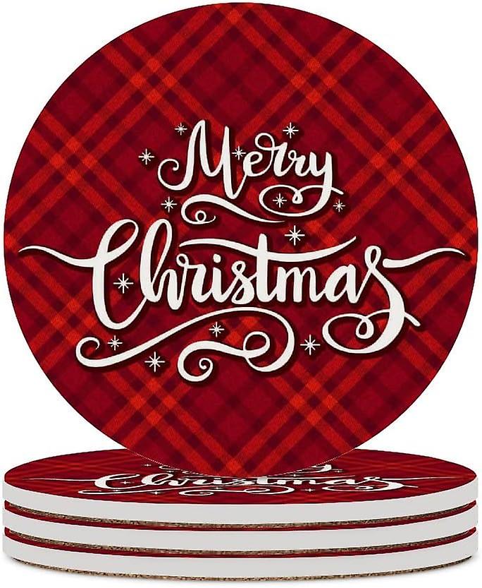 1pc Round Christmas On Red Tartan Ceramic Coasters With Cork-backed For Coffee Drink Cup Mat Absorbent Stone Coasters