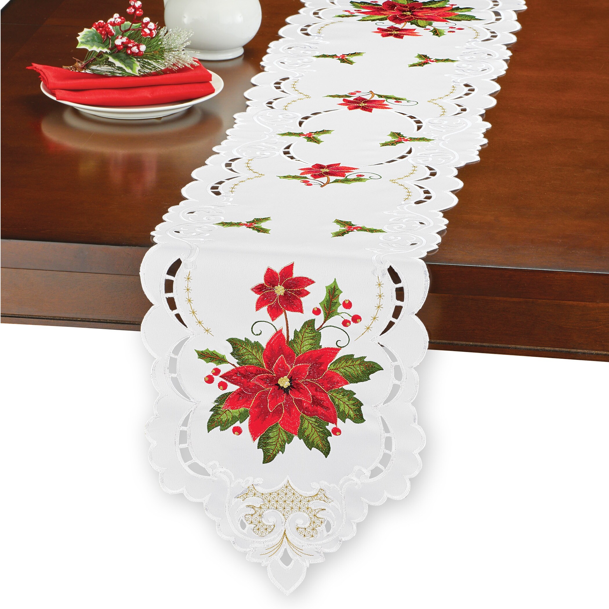 Delicate Poinsettia Embroidered Table Linens - Runner