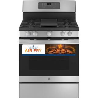 GE 30 in. 5.0 cu. ft. Gas Range with Self-Cleaning Convection Oven and Air Fry in Stainless Steel JGB735SPSS