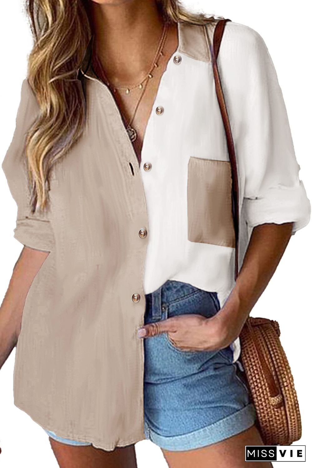 Khaki Colorblock Buttons Shirt-Collar Long Sleeve Pocket Blouse