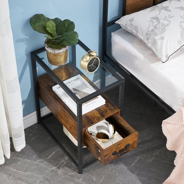 Modern Narrow Tempered Glass End Side Table/Tall Nightstand with Drawer and Shelf