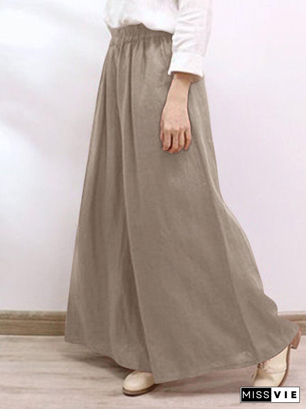 Solid Pocket Elastic Waist Wide Leg Casual Pants