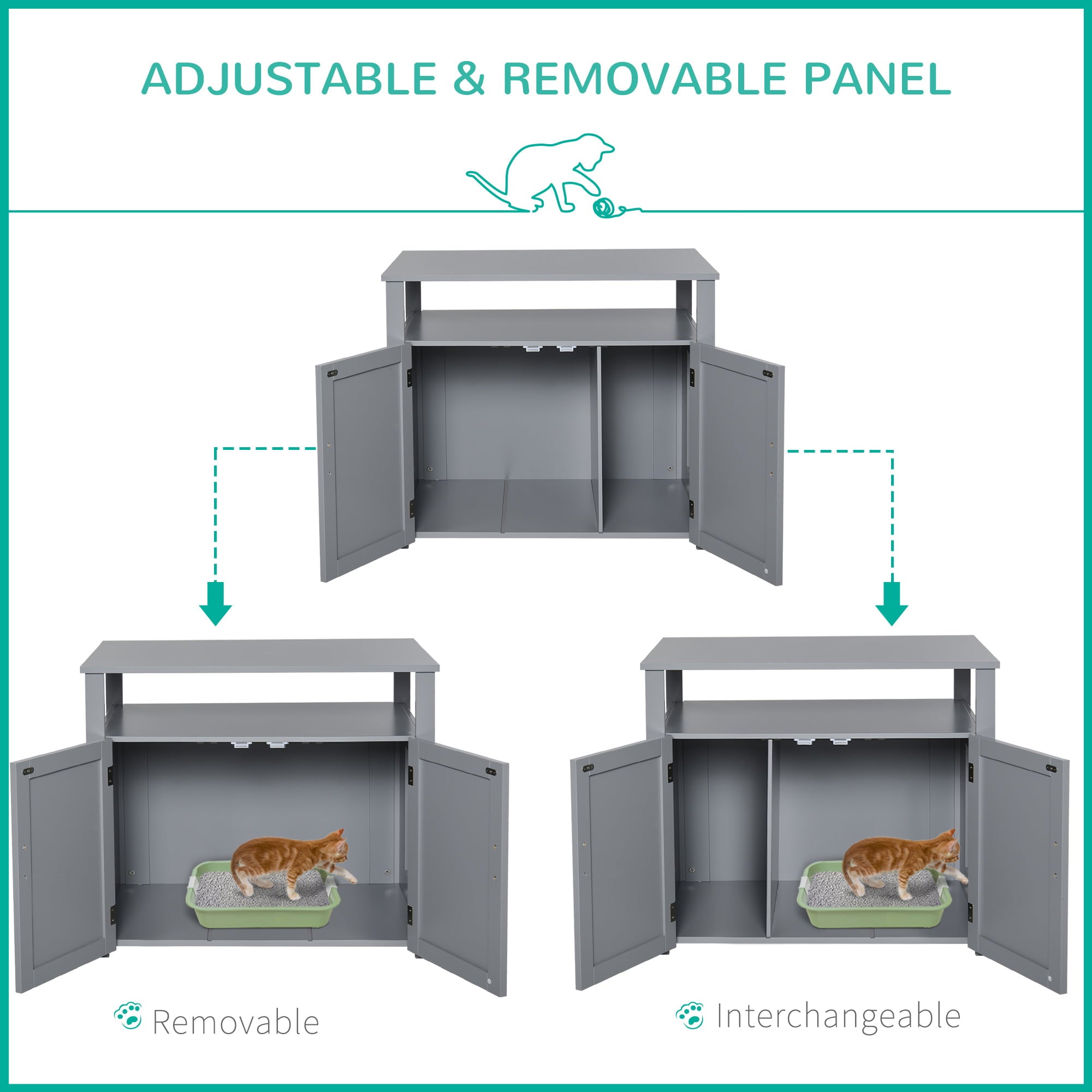 PawHut Wood Cat Litter Box Enclosure Furniture w/ Adjustable Interior Wall Grey