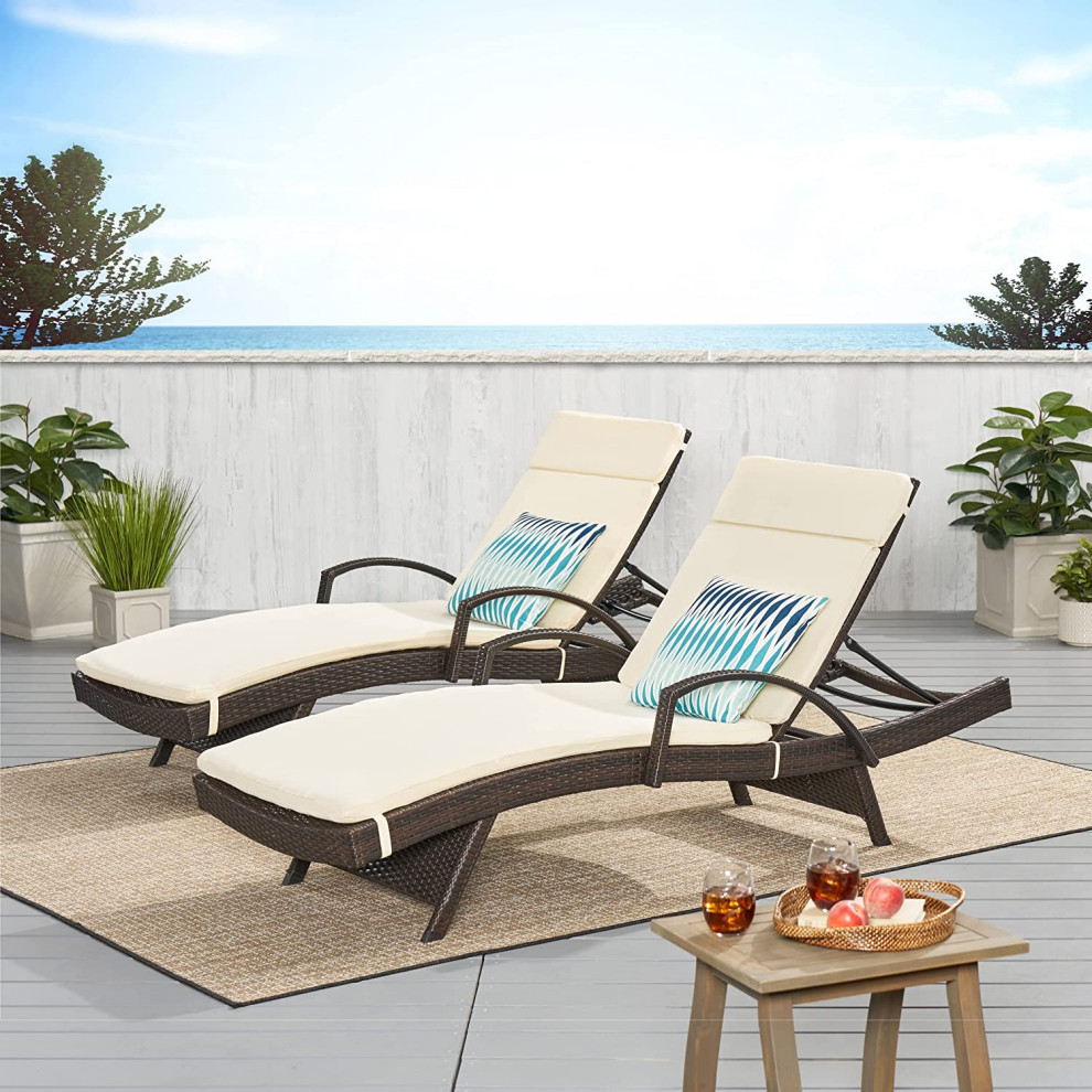 Set of 2 Patio Chaise Lounge  Ivory Cushioned Seat With Adjustable Back  Brown   Tropical   Outdoor Chaise Lounges   by Decor Love  Houzz