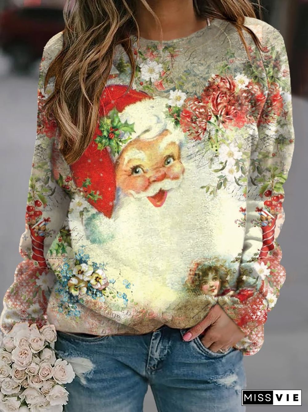 Women'S Merry Chrismas Print Crew Neck Sweatshirt