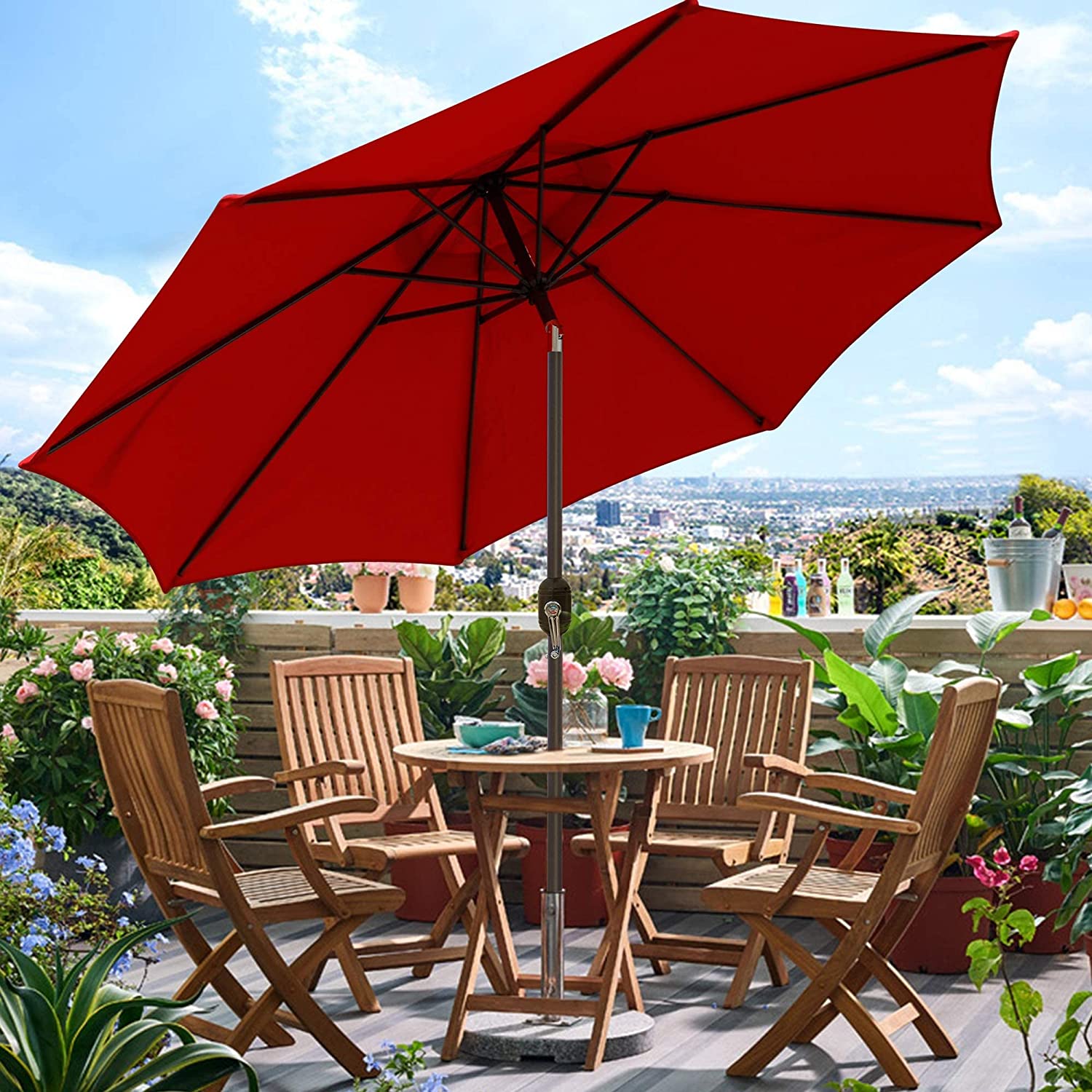 9' Outdoor Market Patio Umbrella with Push Button Tilt and Crank, 8 Ribs (Tan)