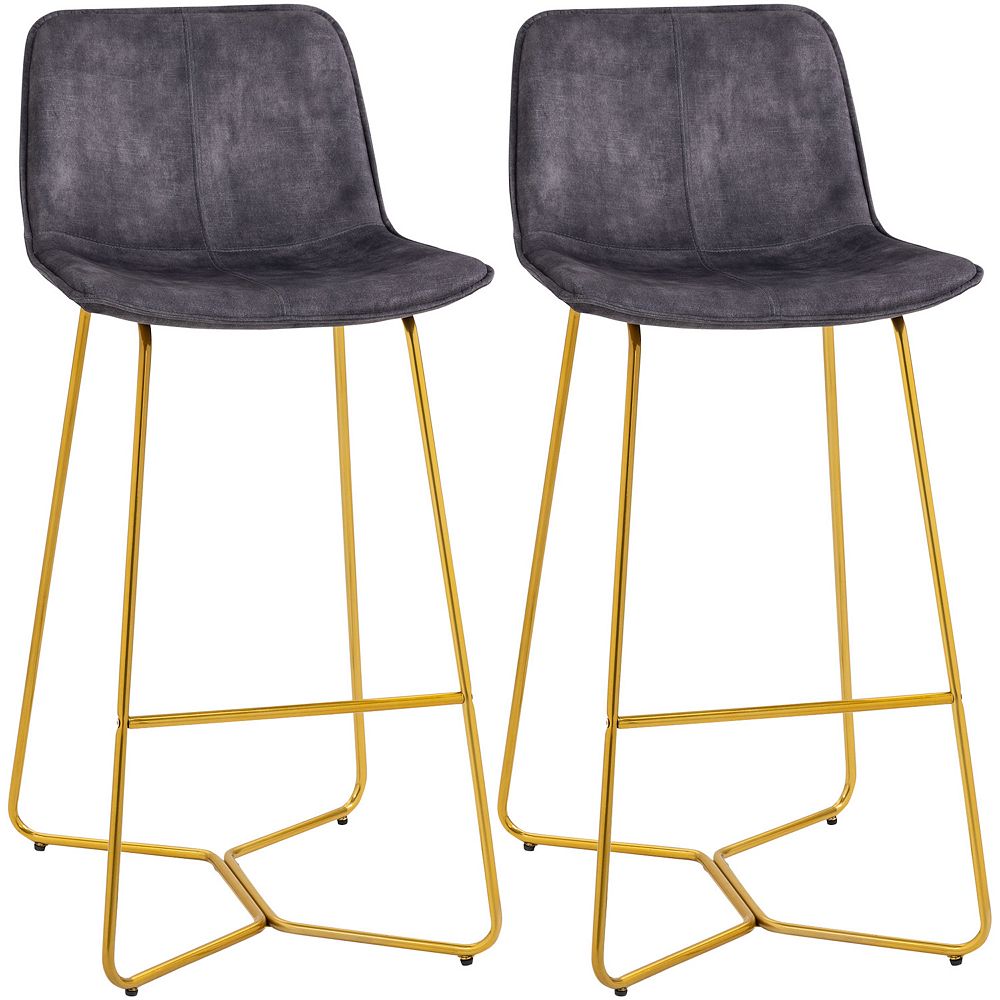 HOMCOM Tall Bar Stools， Set of 2， Velvet-Touch Fabric Bar Chairs， 25.5 Bar Height Stools with Gold-Tone Metal Legs for Dining Area， Home Bar， Grey