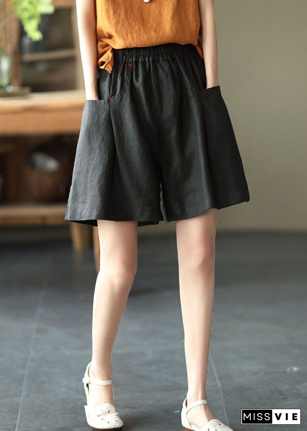 Casual Solid Black Elastic Waist Linen Shorts Trousers Summer