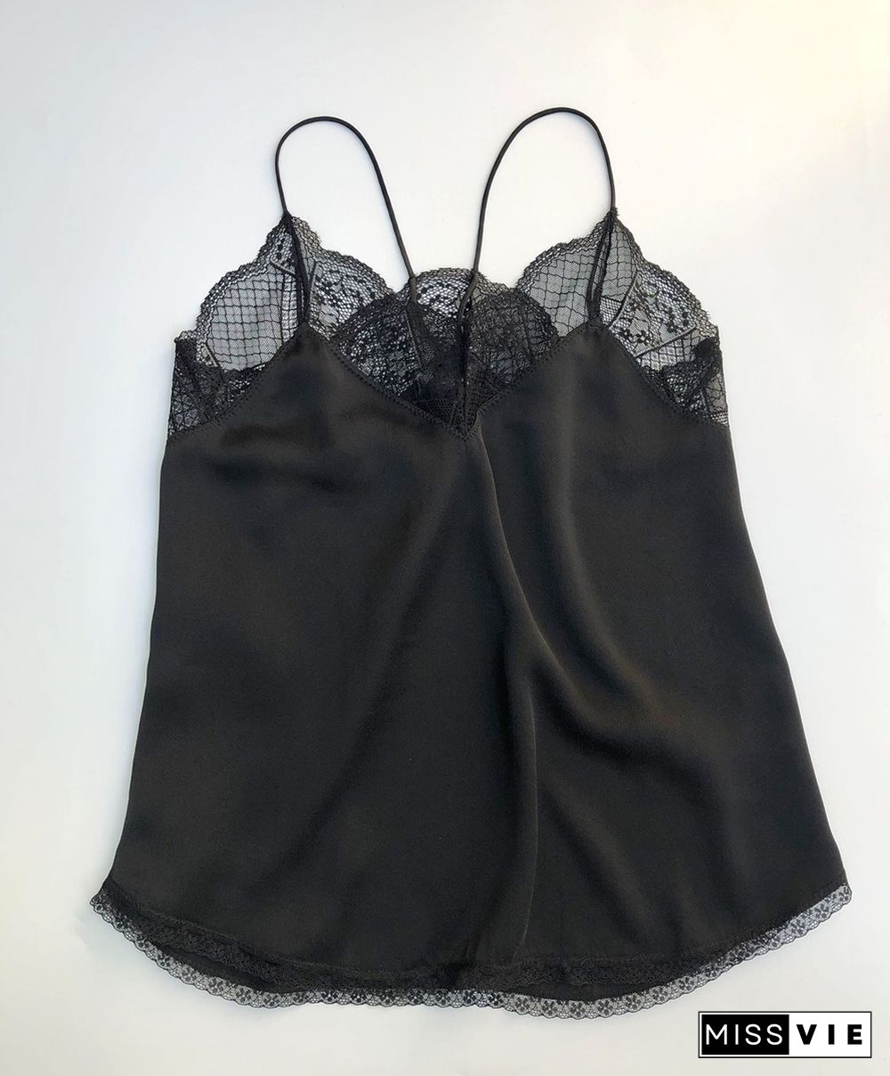 Summer Woman 100% Silk Black Camisole Lace Embroidered V Neck Thin Strappy Vest Top High Quality