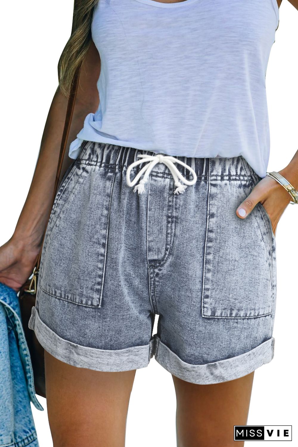 Gray Pocketed Drawstring High Waist Denim Shorts