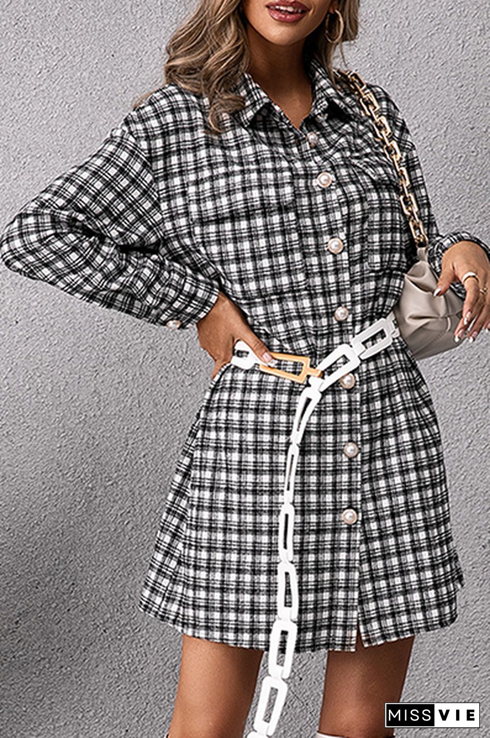 Fashion Casual Plaid Pocket Buckle Shirt Dress Dresses (Without Belt)