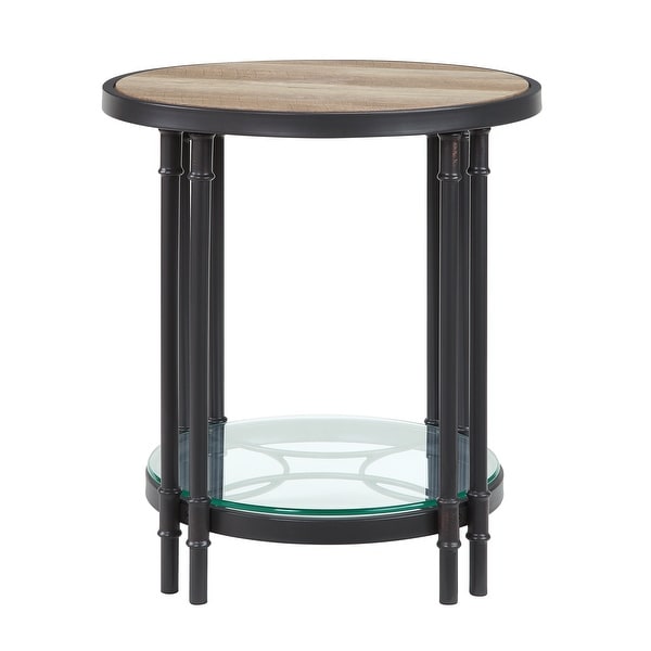 Brantley Metal Round End Table with Glass Open Storage Shelf in Oak and Sandy Black Finish