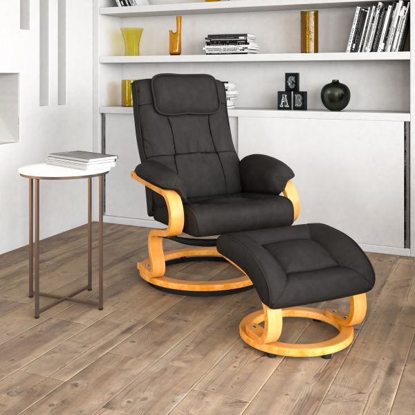 Davies Contemporary Adjustable Recliner and Ottoman with Swivel Maple Wood Base in Black LeatherSoft