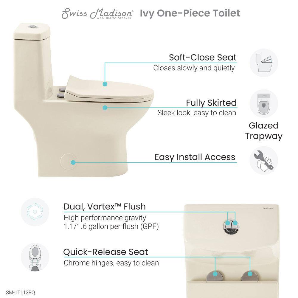 Swiss Madison Ivy 1-piece 1.11.6 GPF Elongated Toilet Dual Vortex Flush in Bisque Seat Included SM-1T112BQ