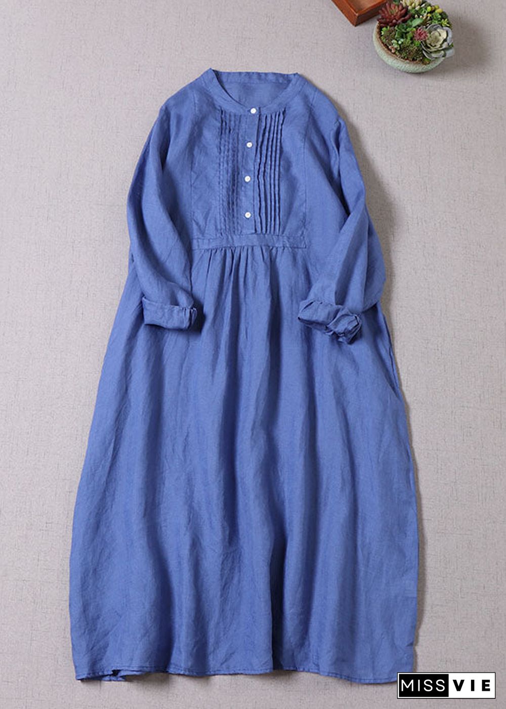 Bohemian Blue Button wrinkled Linen Dresses Long Sleeve