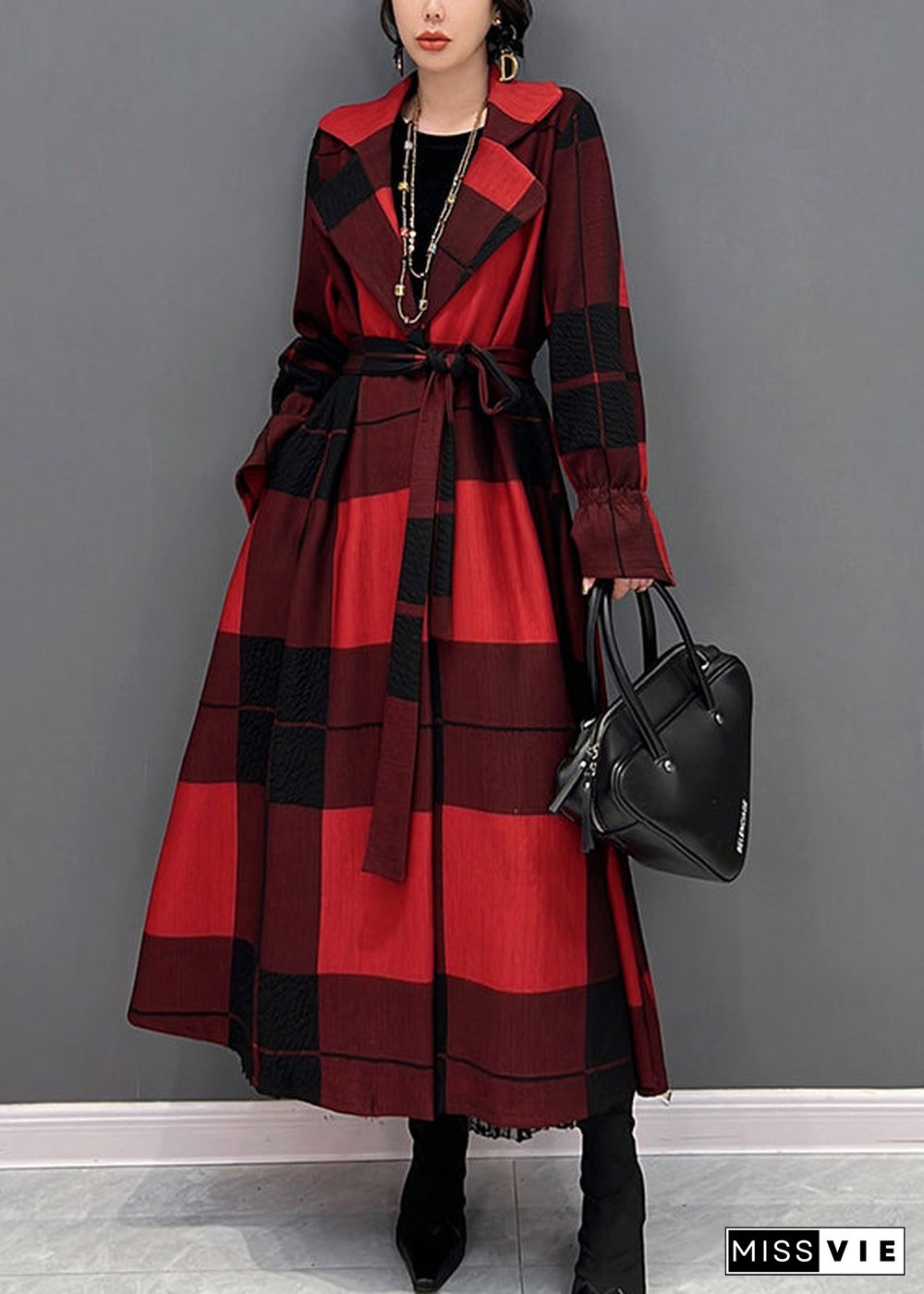 Casual Red Notched Plaid Tie Waist Long Coats Fall