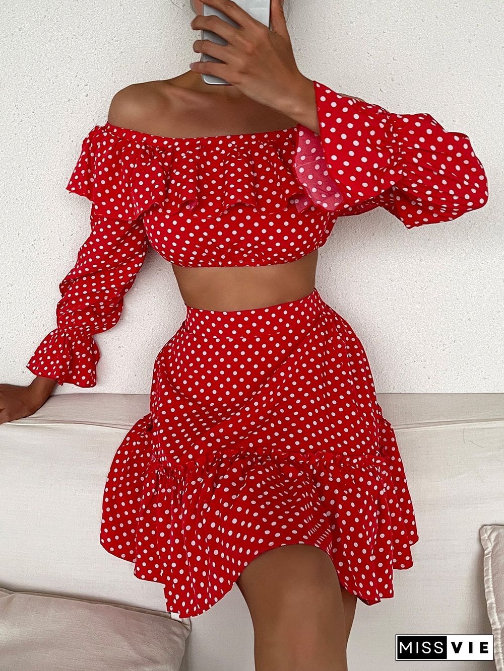 Printed Off Shoulder Top And Tiered Skirt Set