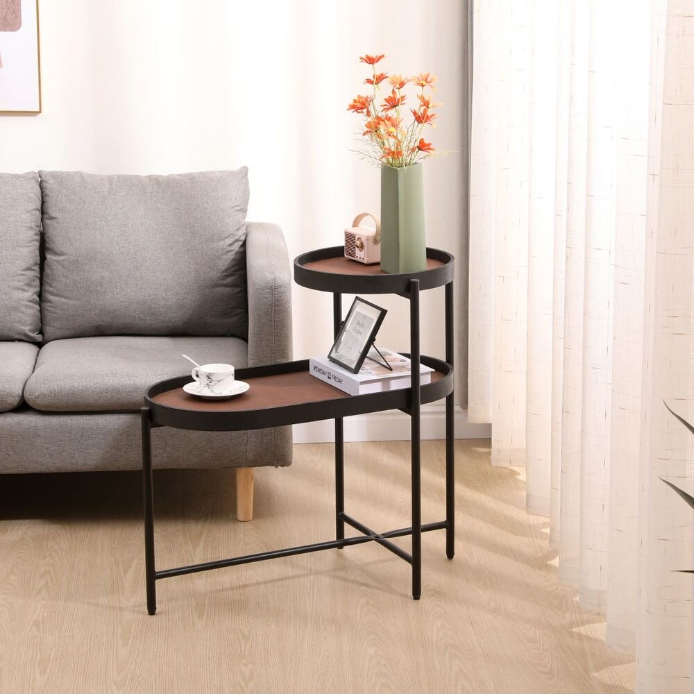 Modern 2 Layer Side Table Brown Tray Top Metal Frame Living Room Cafe