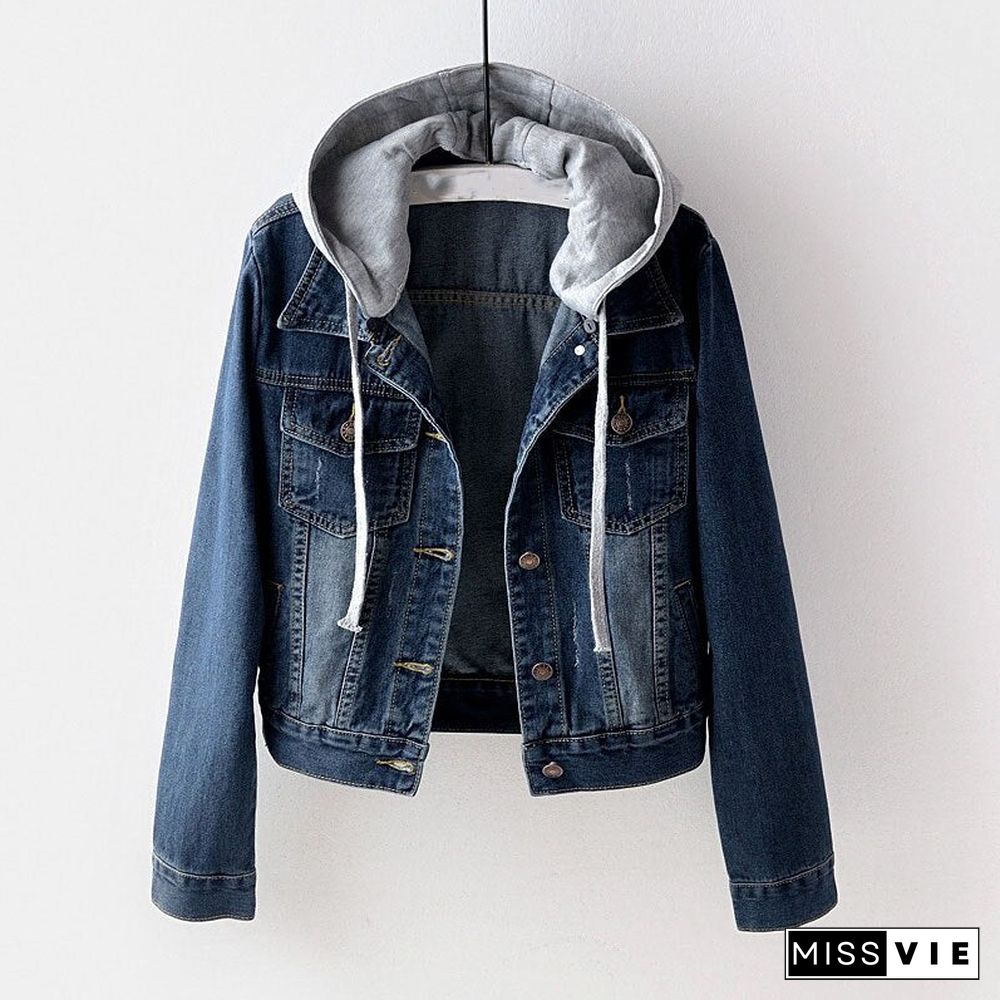 Jacket women Women's denim jacket short spring and autumn hooded jacket all-match student jacket Plush denim jacket Parkas