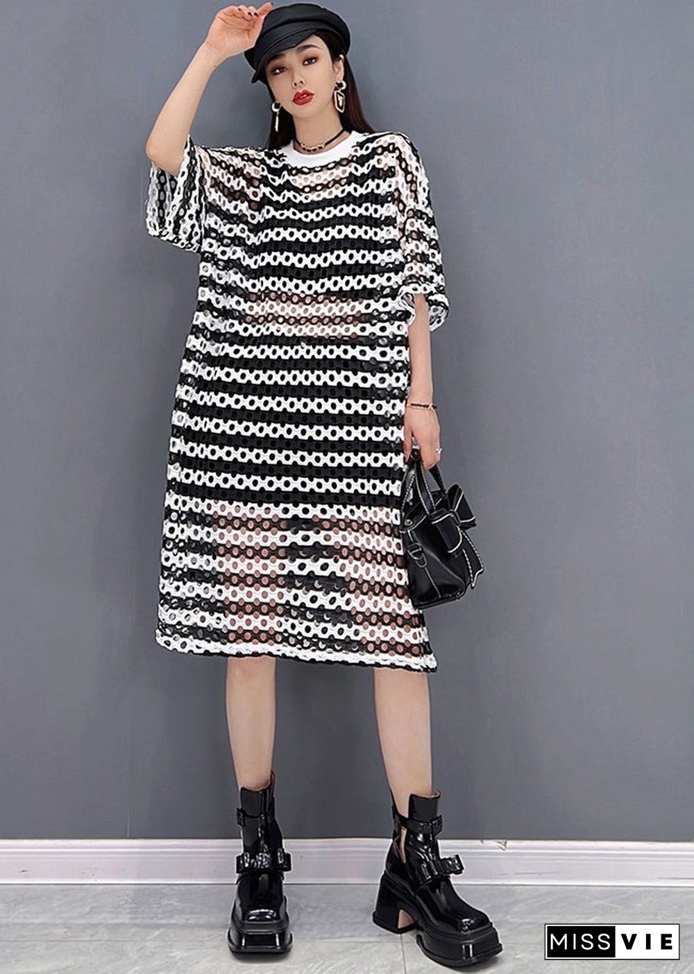 Women Grey O-Neck Striped Print Hollow Out Tulle Vogue Dress Half Sleeve