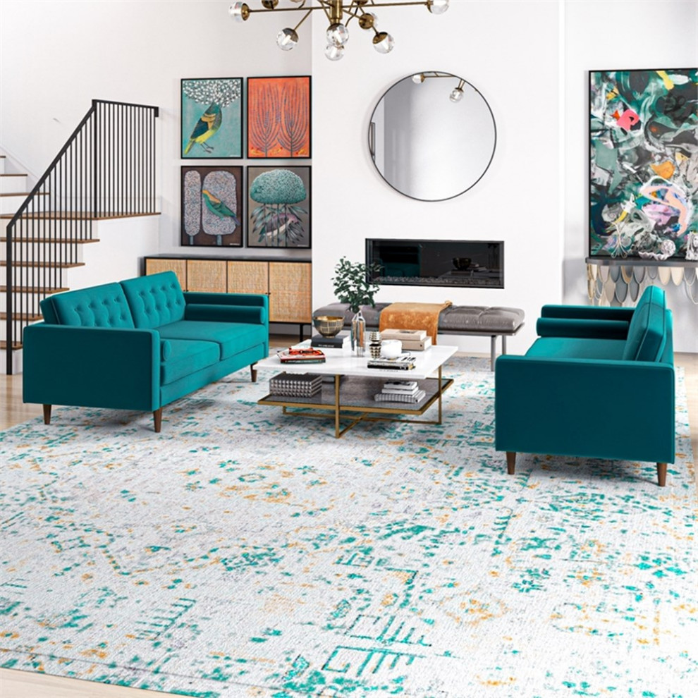 Lase Mid Century Velvet Turquoise Loveseat and Sofa (Set of 2)   Midcentury   Living Room Furniture Sets   by Homesquare  Houzz