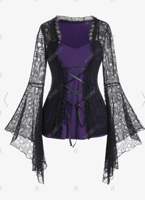 Bell Sleeve Skull Lace Gothic Tee and Floral Lace Insert Slit Bell Pants Outfit